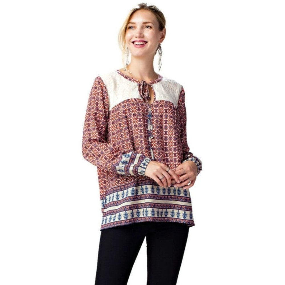 Kori America Border Print Lace Top, Red